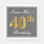 [ Thumbnail: Elegant Gray, Faux Gold 40th Birthday; Custom Name Napkins ]