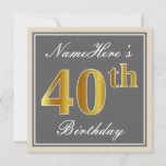 [ Thumbnail: Elegant, Gray, Faux Gold 40th Birthday + Name Invitation ]
