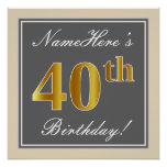 [ Thumbnail: Elegant, Gray, Faux Gold 40th Birthday + Name Poster ]