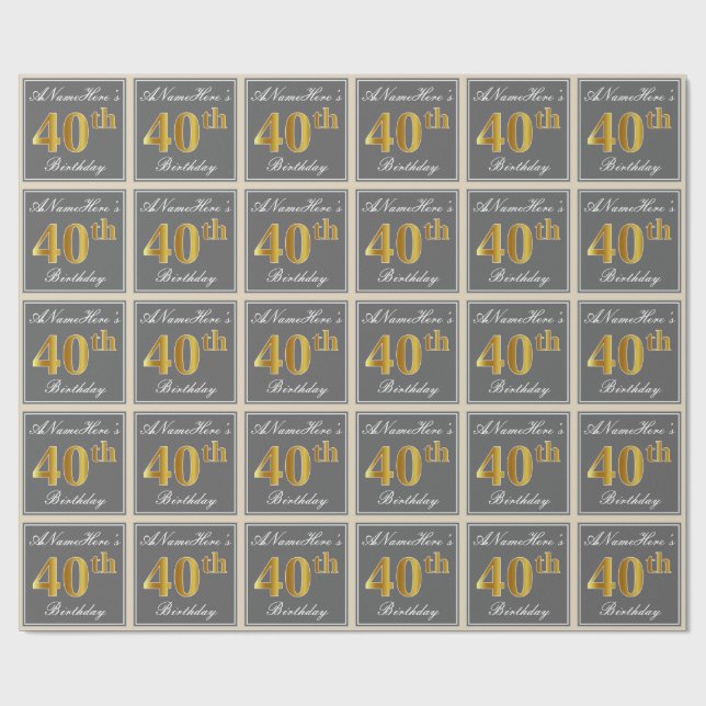 Elegant, Gray, Faux Gold 40th Birthday + Name Wrapping Paper (Flat)