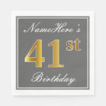 [ Thumbnail: Elegant Gray, Faux Gold 41st Birthday; Custom Name Napkins ]