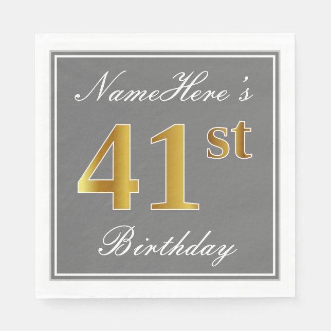 Elegant Gray, Faux Gold 41st Birthday; Custom Name Napkins (Front)