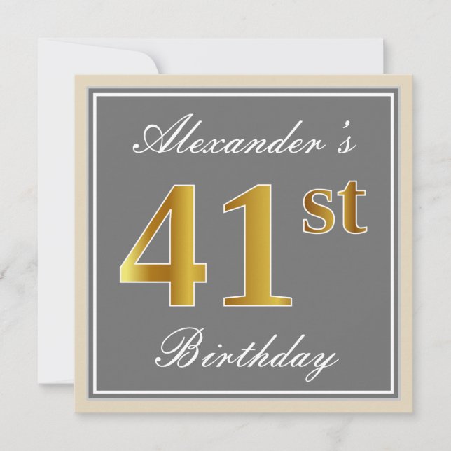 Elegant, Gray, Faux Gold 41st Birthday + Name Invitation (Front)