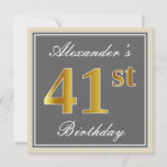 [ Thumbnail: Elegant, Gray, Faux Gold 41st Birthday + Name Invitation ]