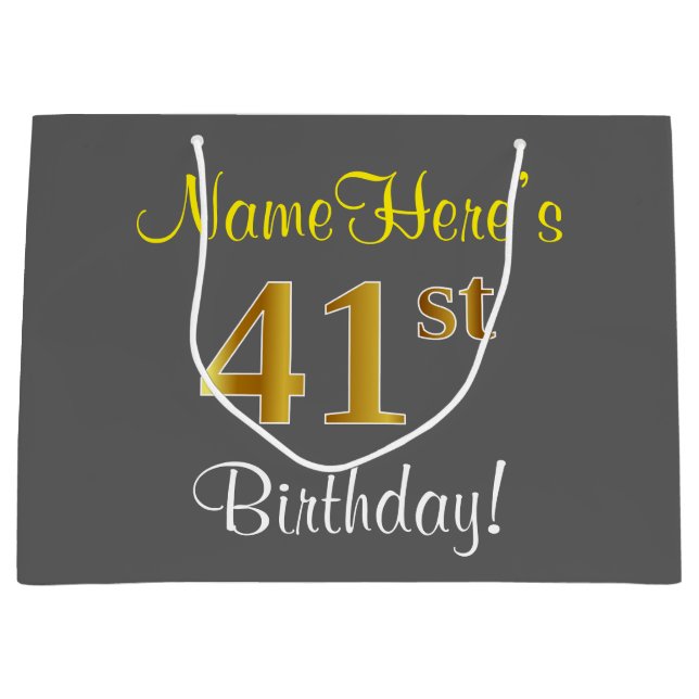 Elegant, Gray, Faux Gold 41st Birthday + Name Large Gift Bag (Front)