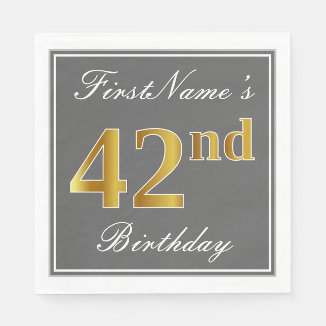 Elegant Gray, Faux Gold 42nd Birthday; Custom Name Napkins (Front)