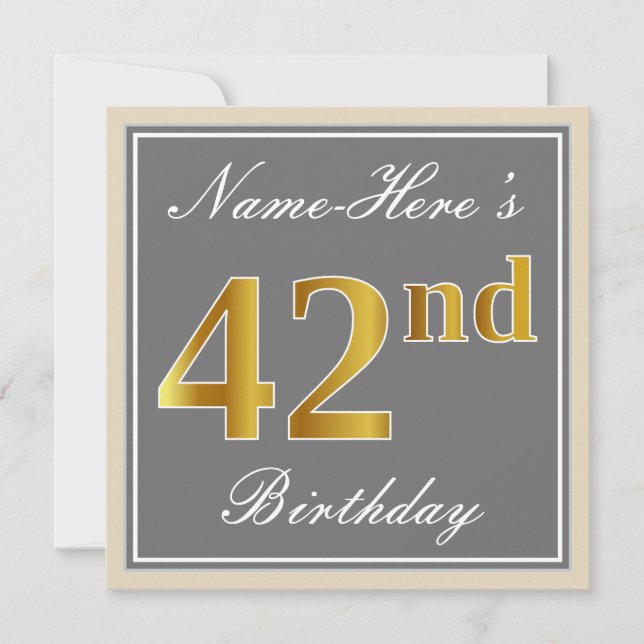 Elegant, Gray, Faux Gold 42nd Birthday + Name Invitation (Front)