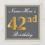 [ Thumbnail: Elegant, Gray, Faux Gold 42nd Birthday + Name Invitation ]