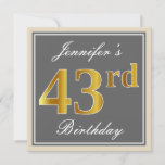[ Thumbnail: Elegant, Gray, Faux Gold 43rd Birthday + Name Invitation ]