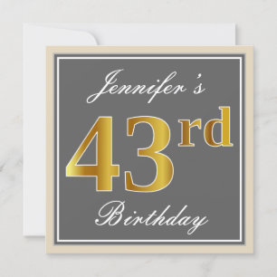 Elegant, Gray, Faux Gold 43rd Birthday + Name Invitation