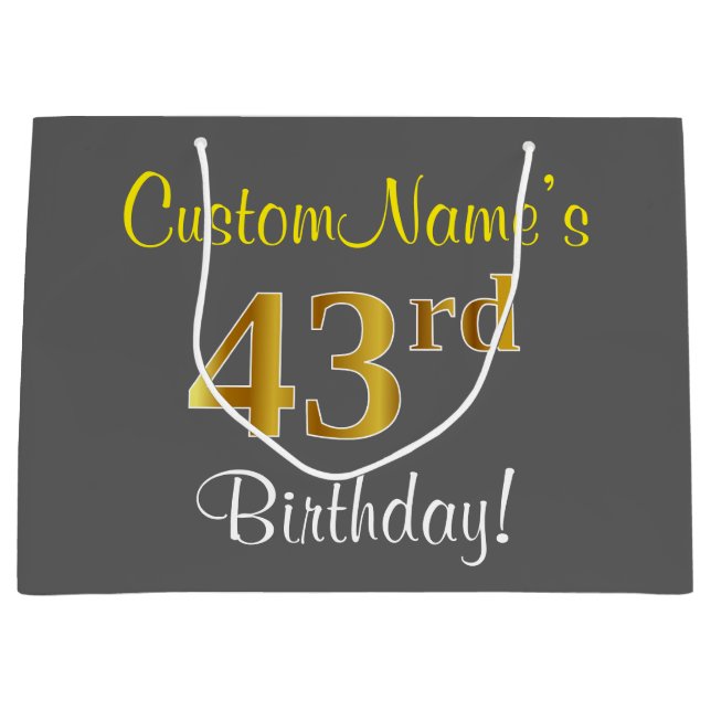 Elegant, Gray, Faux Gold 43rd Birthday + Name Large Gift Bag (Front)