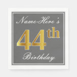 [ Thumbnail: Elegant Gray, Faux Gold 44th Birthday; Custom Name Napkins ]