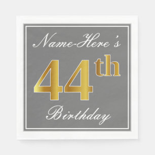 Elegant Gray, Faux Gold 44th Birthday; Custom Name Napkins