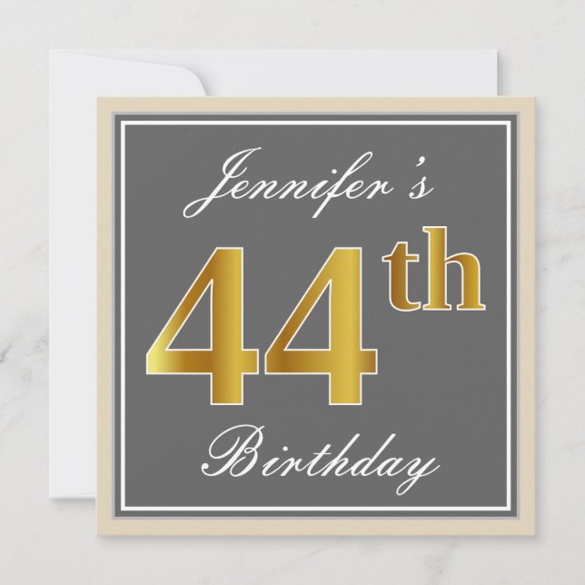 Elegant, Gray, Faux Gold 44th Birthday + Name Invitation (Front)