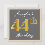 [ Thumbnail: Elegant, Gray, Faux Gold 44th Birthday + Name Invitation ]