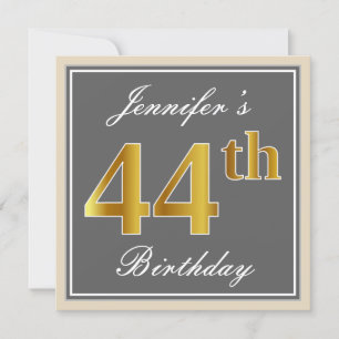 Elegant, Gray, Faux Gold 44th Birthday + Name Invitation