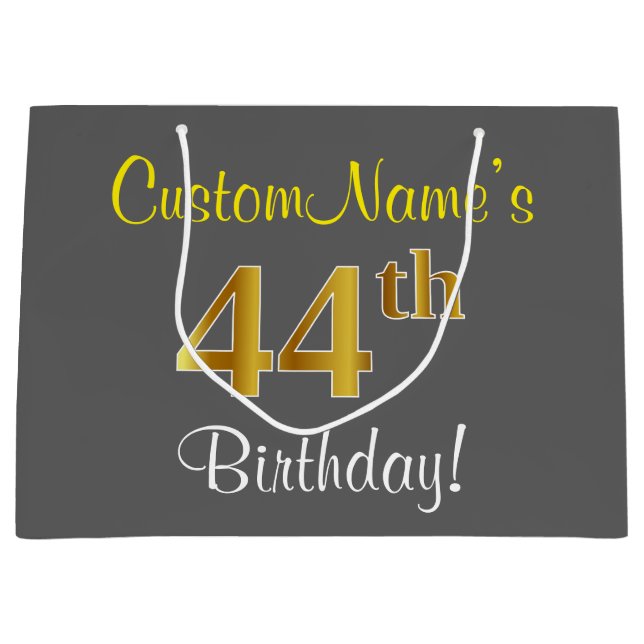 Elegant, Gray, Faux Gold 44th Birthday + Name Large Gift Bag (Front)