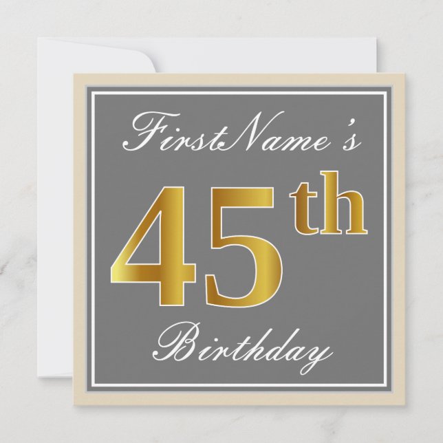 Elegant, Gray, Faux Gold 45th Birthday + Name Invitation (Front)