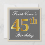 [ Thumbnail: Elegant, Gray, Faux Gold 45th Birthday + Name Invitation ]