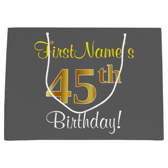 Elegant, Gray, Faux Gold 45th Birthday + Name Large Gift Bag (Front)