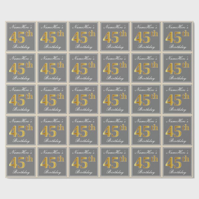 Elegant, Gray, Faux Gold 45th Birthday + Name Wrapping Paper (Flat)