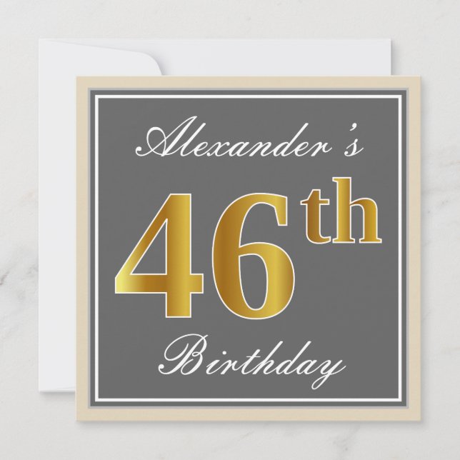 Elegant, Gray, Faux Gold 46th Birthday + Name Invitation (Front)