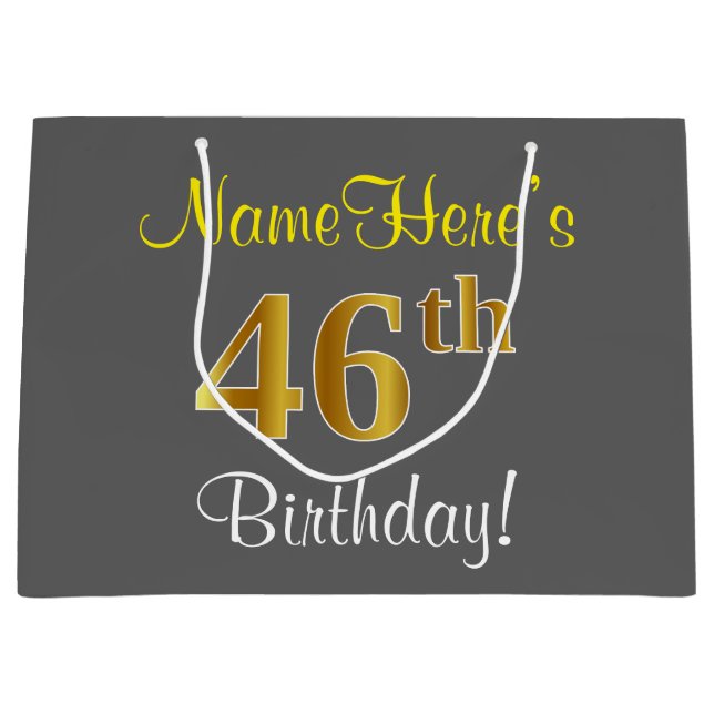 Elegant, Gray, Faux Gold 46th Birthday + Name Large Gift Bag (Front)