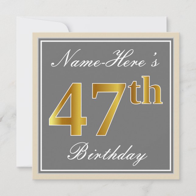 Elegant, Gray, Faux Gold 47th Birthday + Name Invitation (Front)