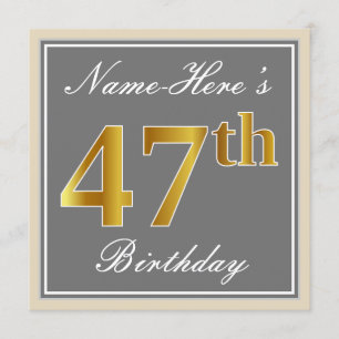 Elegant, Gray, Faux Gold 47th Birthday + Name Invitation
