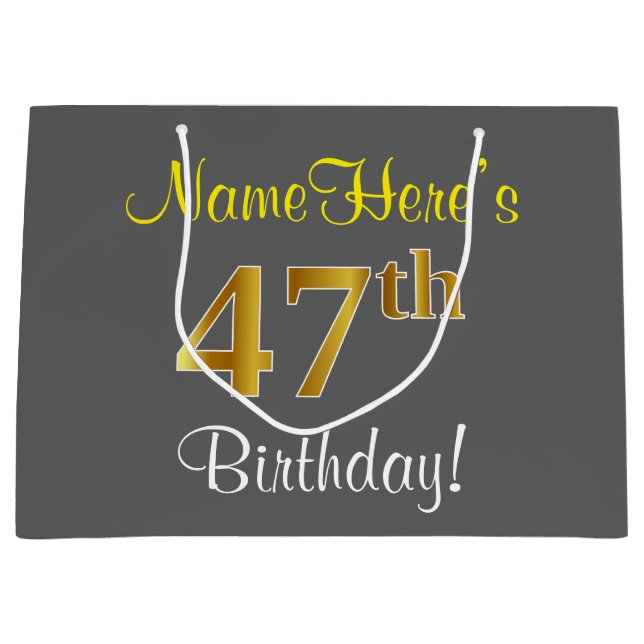 Elegant, Gray, Faux Gold 47th Birthday + Name Large Gift Bag (Front)