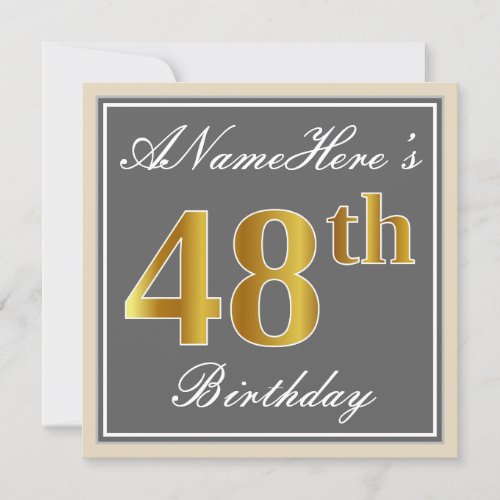 Elegant Gray Faux Gold 48th Birthday  Name Invitation