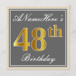 [ Thumbnail: Elegant, Gray, Faux Gold 48th Birthday + Name Invitation ]