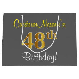 Elegant, Gray, Faux Gold 48th Birthday + Name Large Gift Bag