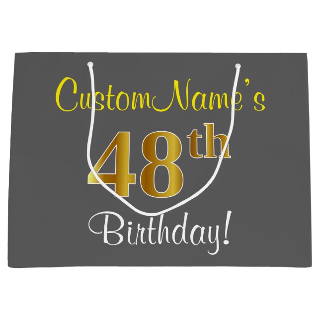 Elegant, Gray, Faux Gold 48th Birthday + Name Large Gift Bag (Front)