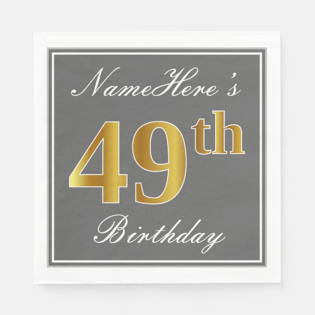 Elegant Gray, Faux Gold 49th Birthday; Custom Name Napkins (Front)