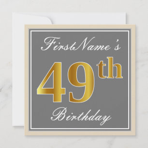Elegant, Gray, Faux Gold 49th Birthday + Name Invitation
