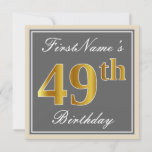 [ Thumbnail: Elegant, Gray, Faux Gold 49th Birthday + Name Invitation ]