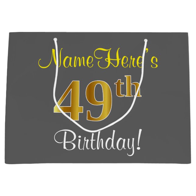 Elegant, Gray, Faux Gold 49th Birthday + Name Large Gift Bag (Front)