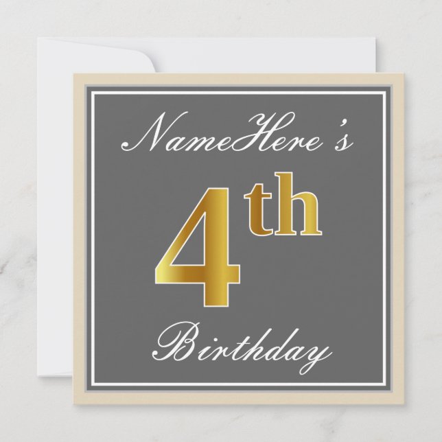 Elegant, Gray, Faux Gold 4th Birthday; Custom Name Invitation (Front)