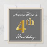 [ Thumbnail: Elegant, Gray, Faux Gold 4th Birthday; Custom Name Invitation ]