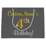 [ Thumbnail: Elegant, Gray, Faux Gold 4th Birthday; Custom Name Gift Bag ]