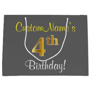 Elegant, Gray, Faux Gold 4th Birthday; Custom Name Large Gift Bag