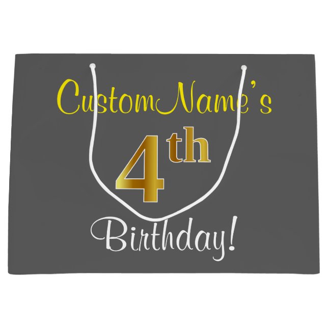 Elegant, Gray, Faux Gold 4th Birthday; Custom Name Large Gift Bag (Front)