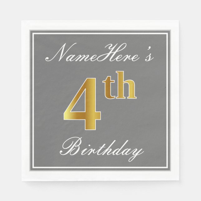 Elegant Gray, Faux Gold 4th Birthday + Custom Name Paper Napkins (Front)
