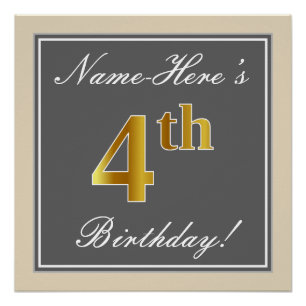 Elegant, Gray, Faux Gold 4th Birthday; Custom Name Poster