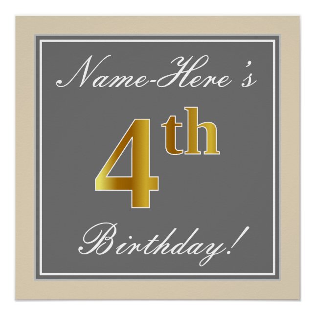 Elegant, Gray, Faux Gold 4th Birthday; Custom Name Poster (Front)