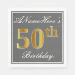 [ Thumbnail: Elegant Gray, Faux Gold 50th Birthday; Custom Name Napkins ]