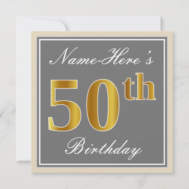 Elegant, Gray, Faux Gold 50th Birthday + Name Invitation (Front)