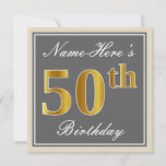 [ Thumbnail: Elegant, Gray, Faux Gold 50th Birthday + Name Invitation ]