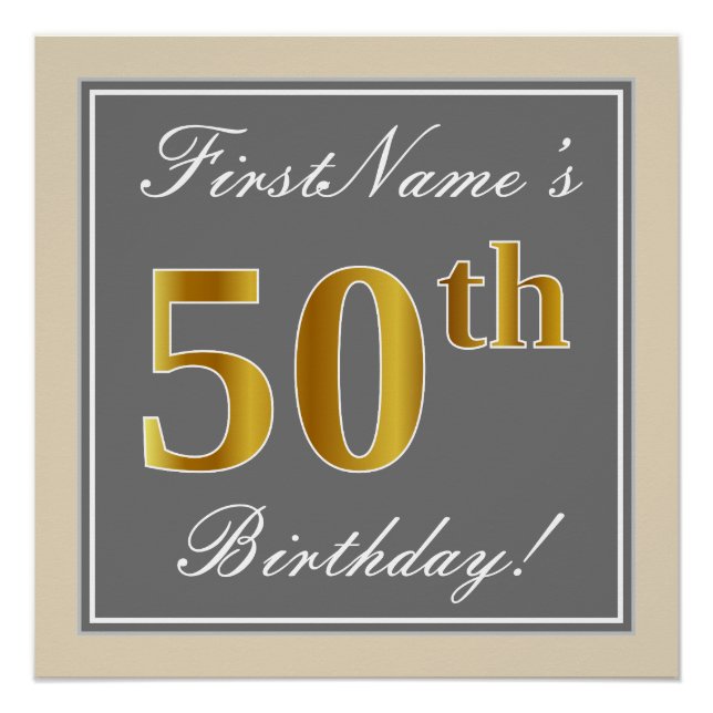 Elegant, Gray, Faux Gold 50th Birthday + Name Poster (Front)